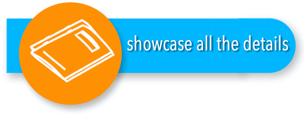 Graphic header banner: showcase all the details, with  outline icon graphic of stapled booklets