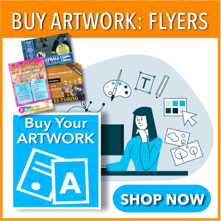 Graphic of woman at computer representing artwork services with but artwork logo and small selection of flyers in corner