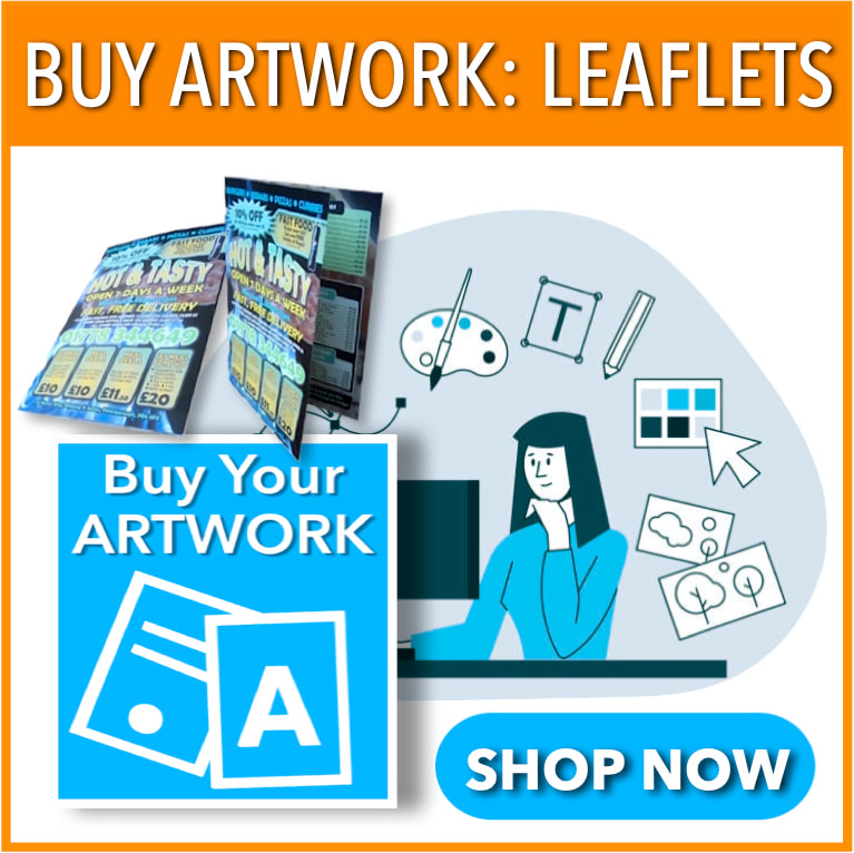 Graphic of woman at computer representing artwork services with but artwork logo and small selection of folded leaflets in corner